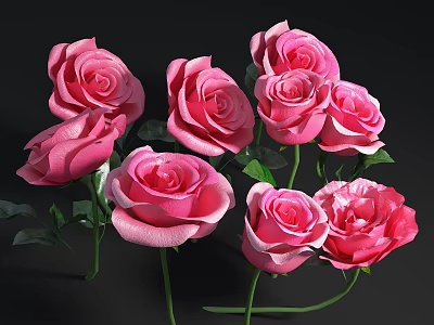 Beautiful Blooming Pink Roses With Fresh Green Leaves Against Dark Backdrop 3d model