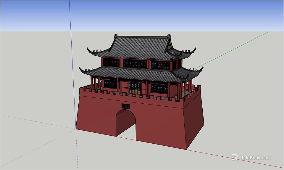 Ancient Architecture Model With Red Base Two Story Black Roof And Arched Gateway 3d model 
