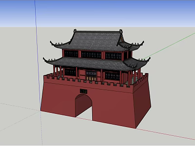 Ancient Architecture Model With Red Base Two Story Black Roof And Arched Gateway 3d model