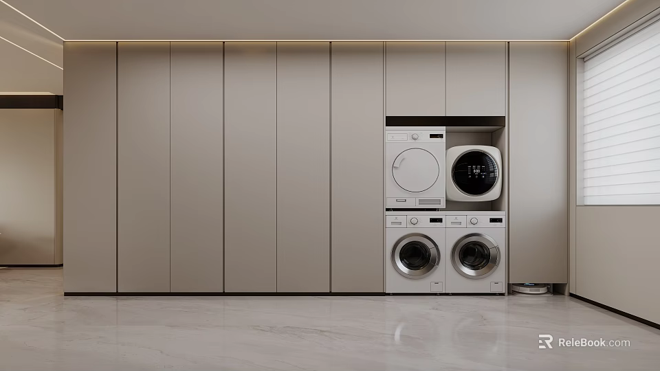 Modern Walk in Closet Interior With Light Colored Cabinets And Laundry Appliances 3d model 