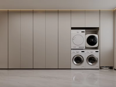 Modern Walk in Closet Interior With Light Colored Cabinets And Laundry Appliances 3d model
