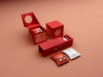 Chinese Wedding Food Packets in Red Double Happiness Themed Packaging with Open Boxes 3d model