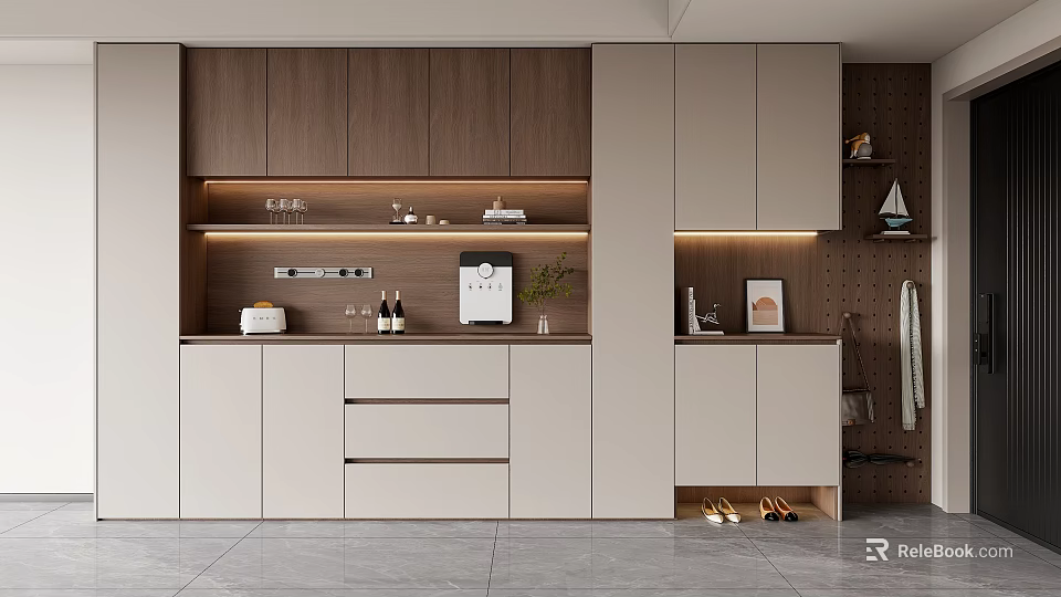 Modern Shoe Cabinet In Entrance Hallway Interior With Lighted Shelves And Wooden Storage Cabinets 3d model 