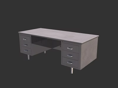 Gray Office Desk With Flat Surface And Multiple Drawers On Metal Legs 3d model