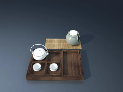 Flat Open Door Design With Wooden Tray And White Teapot Set 3d model
