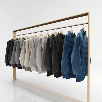 Minimalist Clothes Display With Various Colored Tops Hanging On Wooden Rack Featuring Black Gray Beige And Blue Striped 3d model