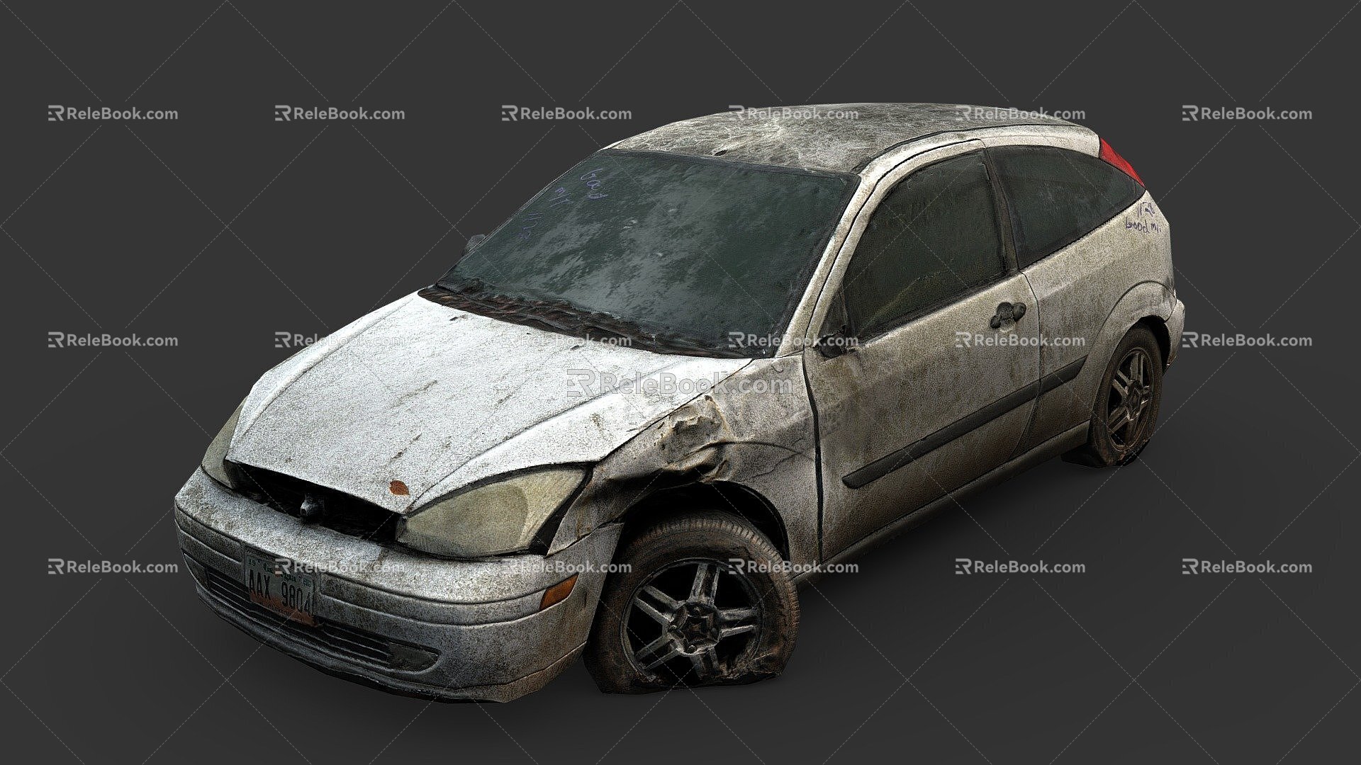 Wreckage of abandoned hatchback 3d model