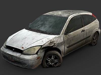 Wreckage of abandoned hatchback 3d model