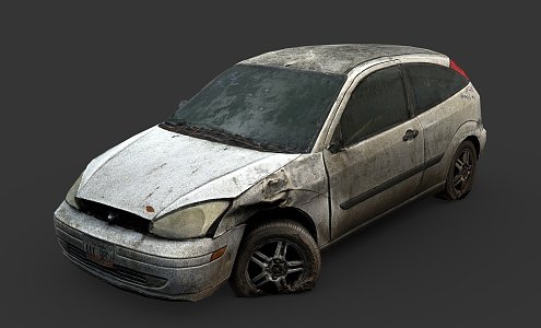 Wreckage of abandoned hatchback 3d model