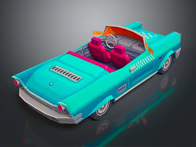 Vintage Turquoise Blue Convertible Car With Open Top And Red Seats Retro Design 3d model