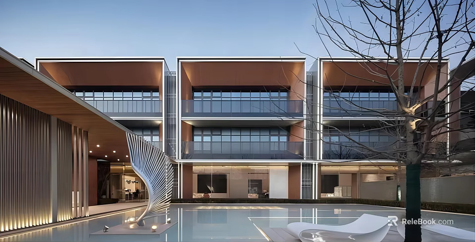 Modern Sales Center Building With Large Glass Curtain Walls And Water Feature 3d model 