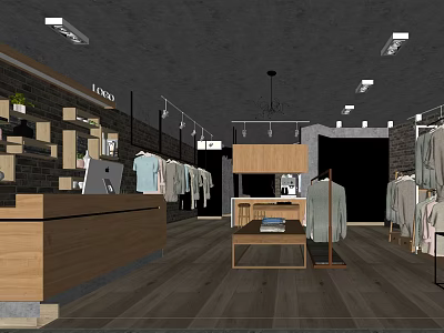 Modern Clothing Store Interior With Wooden Counter Hanging Clothes And Display Racks 3d model