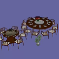 Round Dining Table Set With Chairs Tableware Decorations And Potted Plant 3d model