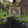 Japanese Garden With Stone Pathway Lush Greenery Rock Formations And Wooden Elements