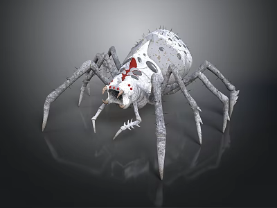 Detailed 3D Rendered Spider With White Body Red Spots On Dark Background With Reflection 3d model