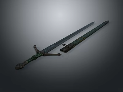 Ancient Decorative Sword Weapon With Green Wrapped Handle And Long Sharp Steel Blade 3d model