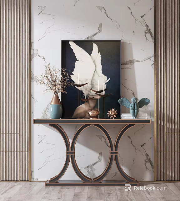 Elegant Console Table With Wall Painting Vase And Decorative Items On Marble Wall 3d model