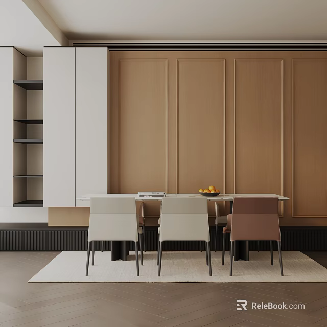 Modern Dining Table Set With White And Brown Chairs Wooden Wall And Cabinets 3d model 