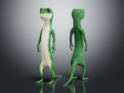 Standing Green Lizard Like Cartoon Character With Front And Back Views On Gray Reflective Background 3d model