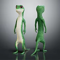 Standing Green Lizard Like Cartoon Character With Front And Back Views On Gray Reflective Background