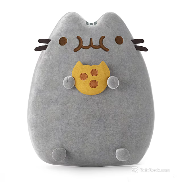 Gray Cat Shaped Plush Toy With Yellow Cookie On Chest Soft Stuffed Doll 3d model 