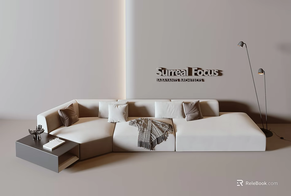 Light Colored Sectional Sofa With Throw Pillows Floor Lamp And Side Table In Minimalist Room 3d model 