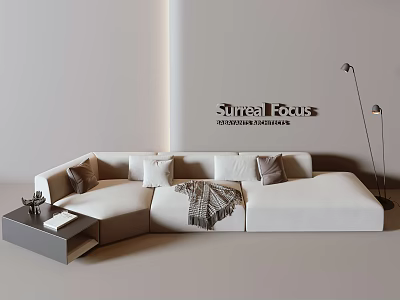 Light Colored Sectional Sofa With Throw Pillows Floor Lamp And Side Table In Minimalist Room 3d model
