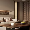 New Chinese Style Living Room Interior With Wooden Furniture And Landscape Painting