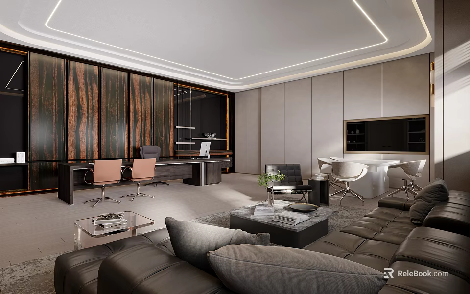 Modern Office Interior Design With Dark Wood Paneling Gray Walls And Leather Furniture 3d model 