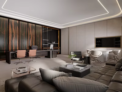 Modern Office Interior Design With Dark Wood Paneling Gray Walls And Leather Furniture 3d model