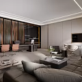 Modern Office Interior Design With Dark Wood Paneling Gray Walls And Leather Furniture