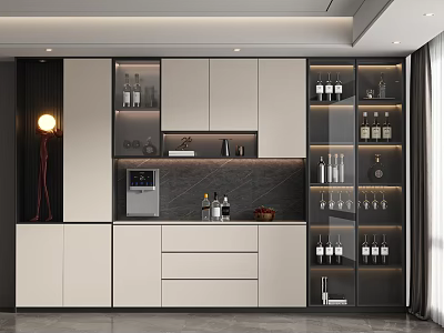 Modern Wine Cabinet Design With Glass Doors Wine Bottles And Storage Shelves 3d model