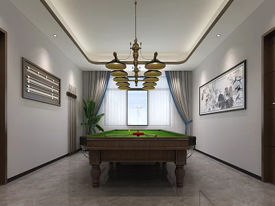 Luxurious Billiard Room Interior With Wooden Billiard Table Chandelier And Decorative Paintings 3d model