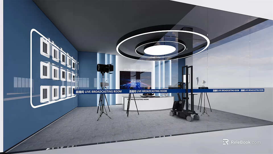 Modern Public Office Area Design With Open Layout Workstations And Circular Ceiling Light 3d model 