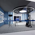 Modern Public Office Area Design With Open Layout Workstations And Circular Ceiling Light 3d model