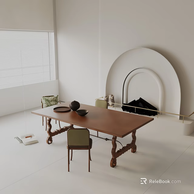 Brown Wooden Dining Table Set With Green Chairs Bowls Vase And White Arched Fireplace 3d model 