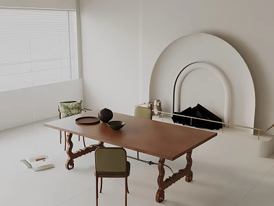 Brown Wooden Dining Table Set With Green Chairs Bowls Vase And White Arched Fireplace 3d model