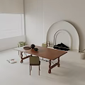 Brown Wooden Dining Table Set With Green Chairs Bowls Vase And White Arched Fireplace