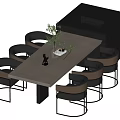 Modern Dining Table Set With Wooden Tabletop Black Chairs Storage Cabinet And Decorative Plants