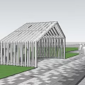 Modern White Slatted Pergola in Landscape with Green Trees and Stone Pavement