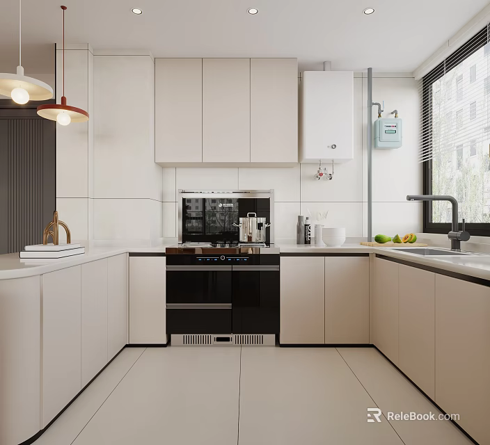 Modern Kitchen Interior With White Cabinets Black Oven Window Sink And Fruits On Countertop 3d model 