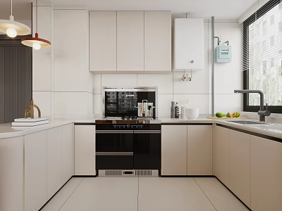 Modern Kitchen Interior With White Cabinets Black Oven Window Sink And Fruits On Countertop 3d model