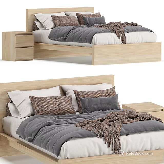 Double Bed With Wooden Frame Gray White Bedding Pillows And Nightstand 3d model 