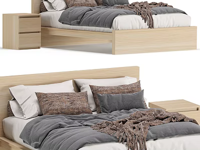 Double Bed With Wooden Frame Gray White Bedding Pillows And Nightstand 3d model