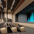 Large Modern Conference Room with Rows of Seats Ceiling Lighting and Central Logo Design