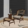 Wicker Leisure Chair With Wooden Frame Patterned Cushion Side Table And Ottoman