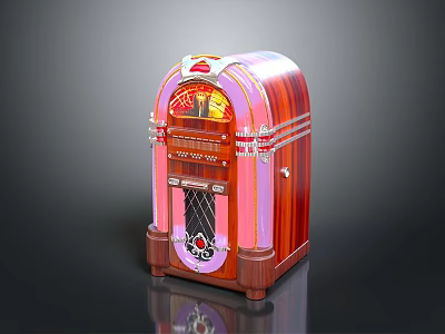 Vintage Retro Jukebox Featuring Pink Red Wooden Design With Decorative Accents And Transparent Front 3d model