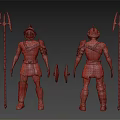 Shirtless Warrior Characters With Helmets Shoulder Armor And Leg Armor Holding Tridents And Small Objects