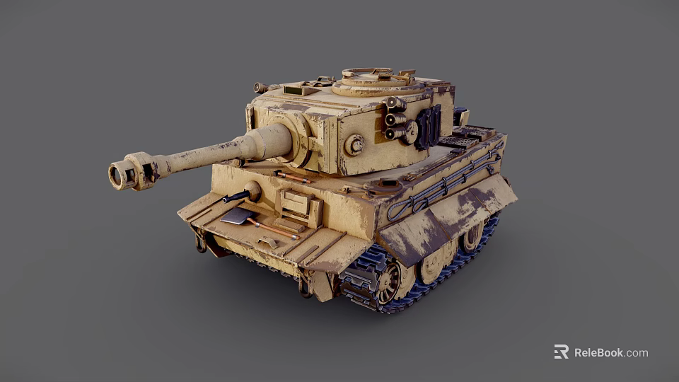 Weathered Sand Colored Military Tank With Long Cannon Turret And Metal Tracks 3d model 