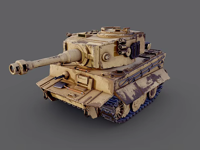 Weathered Sand Colored Military Tank With Long Cannon Turret And Metal Tracks 3d model